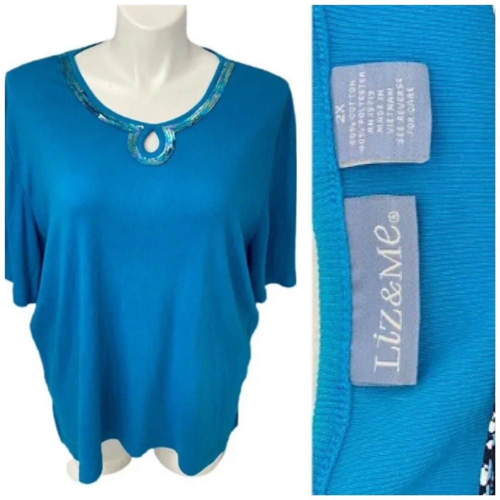 Liz & Me Top Womens Size 2X Tee Blue Knit Sequin Work Office Shirt